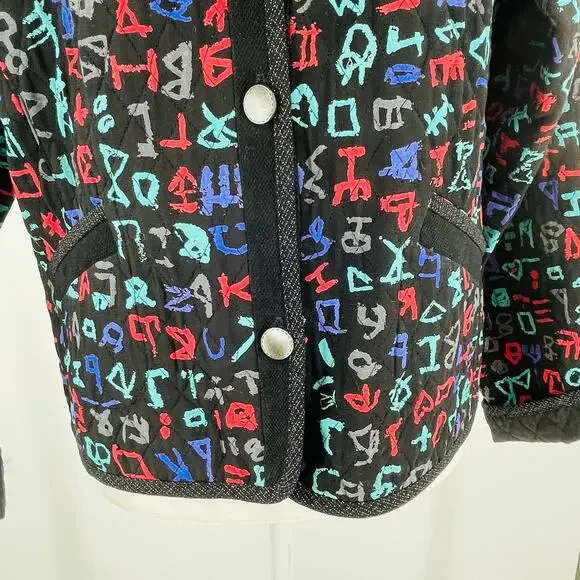 Bets by Canvasbacks Vintage 90s Black Colorful Print Quilted Button Jacket S - Picture 6 of 15